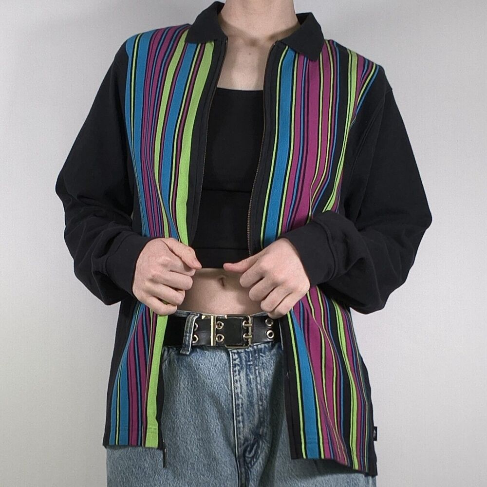 Colorful Striped Full Zip Collared Jacket - Picture 2 of 11